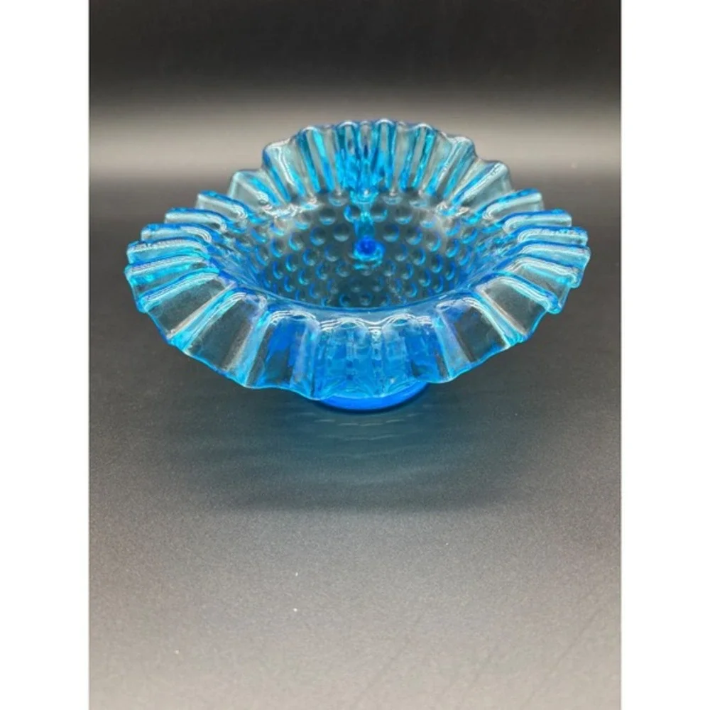 Blue Hobnail‎ Glass Ruffled Creamer Pitcher Dish Vintage